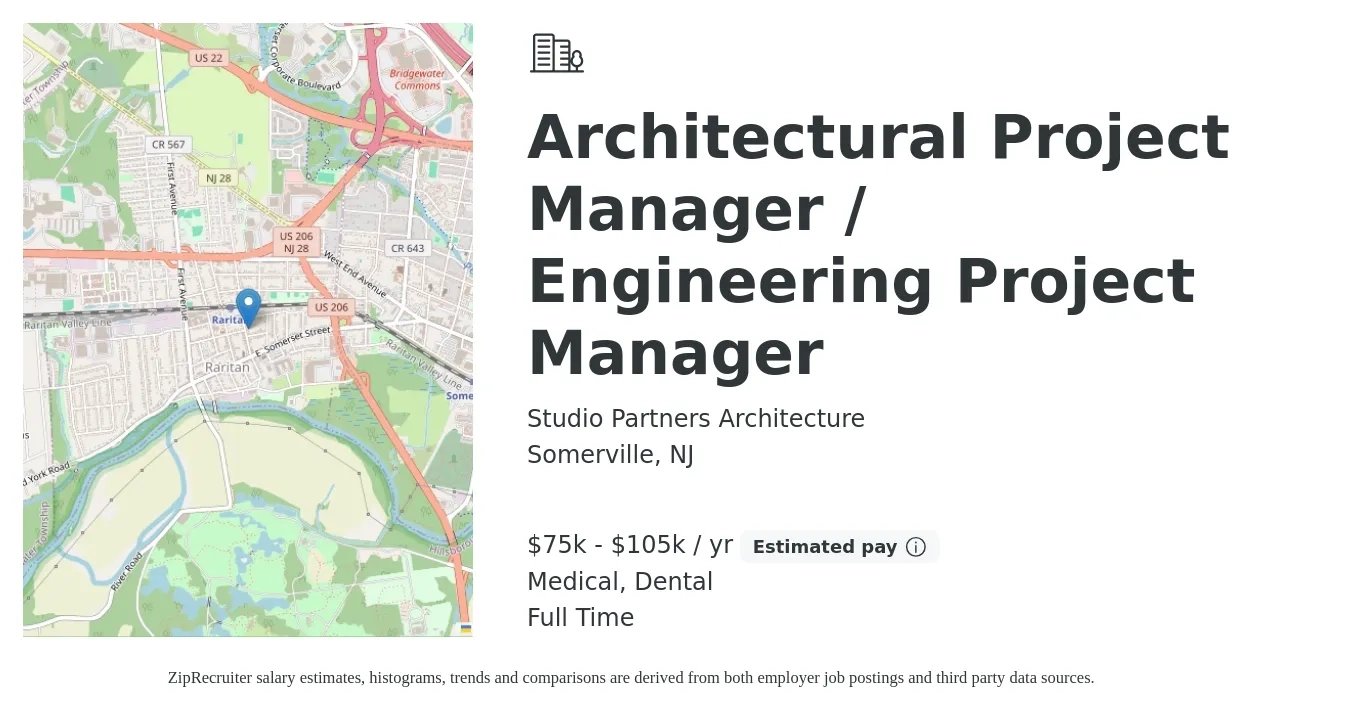 Studio Partners Architecture job posting for a Architectural Project Manager / Engineering Project Manager in Somerville, NJ with a salary of $75,000 to $105,000 Yearly and benefits including retirement, dental, medical, and pto with a map of Somerville location.