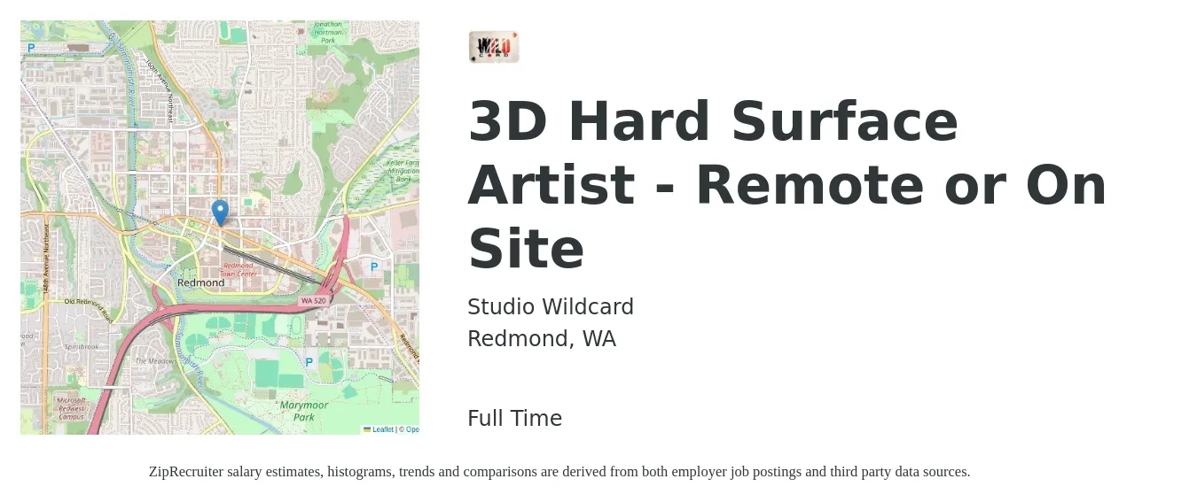 Studio Wildcard job posting for a 3D Hard Surface Artist - Remote or On Site in Redmond, WA with a salary of $65,000 to $85,000 Yearly with a map of Redmond location.