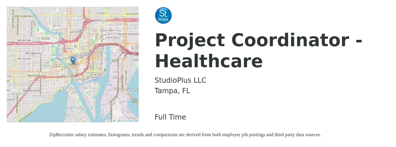 StudioPlus LLC job posting for a Project Coordinator - Healthcare in Tampa, FL with a salary of $22 to $32 Hourly with a map of Tampa location.