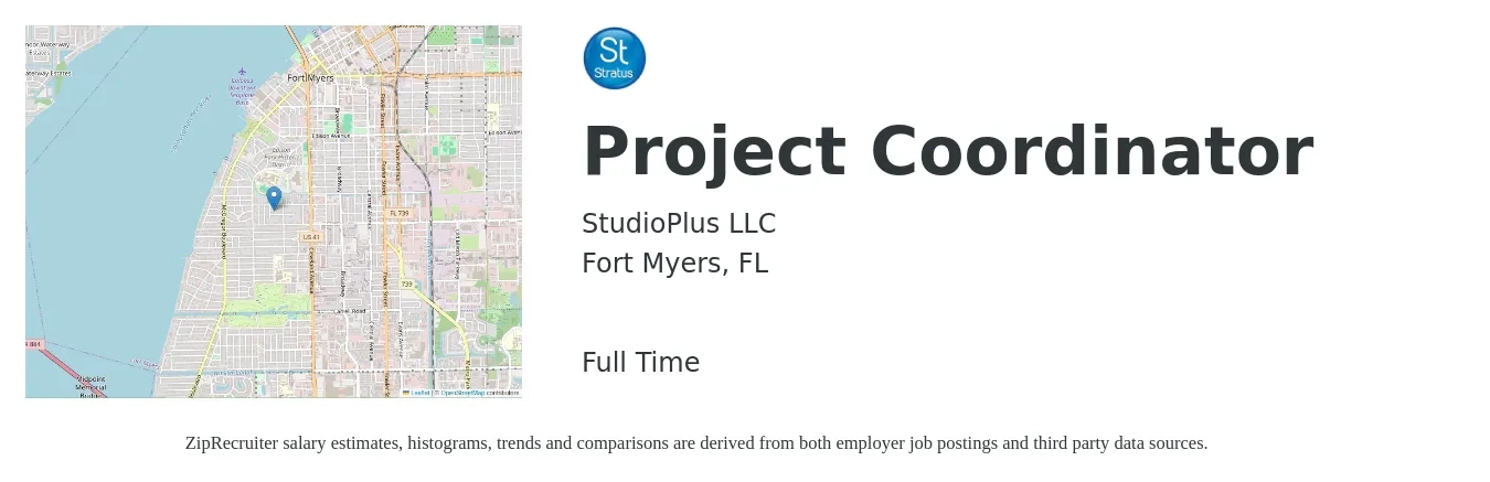 StudioPlus LLC job posting for a Project Coordinator in Fort Myers, FL with a salary of $20 to $30 Hourly with a map of Fort Myers location.