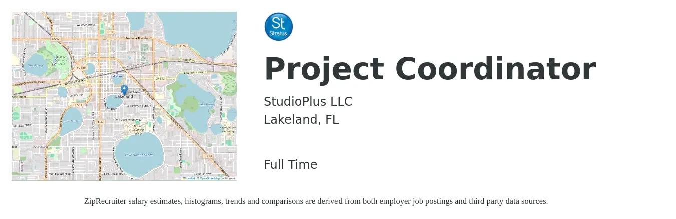 StudioPlus LLC job posting for a Project Coordinator in Lakeland, FL with a salary of $22 to $32 Hourly with a map of Lakeland location.