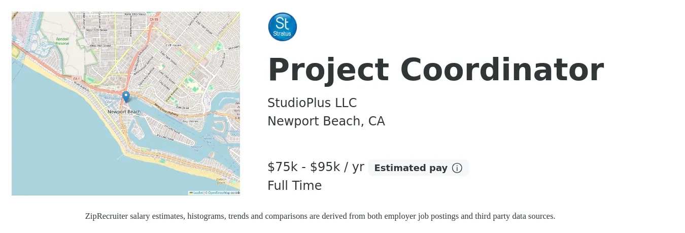 StudioPlus LLC job posting for a Project Coordinator in Newport Beach, CA with a salary of $75,000 to $95,000 Yearly with a map of Newport Beach location.