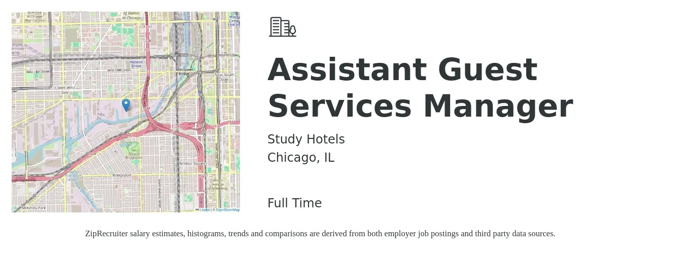 Study Hotels job posting for a Assistant Guest Services Manager in Chicago, IL with a salary of $41,200 to $55,700 Yearly with a map of Chicago location.