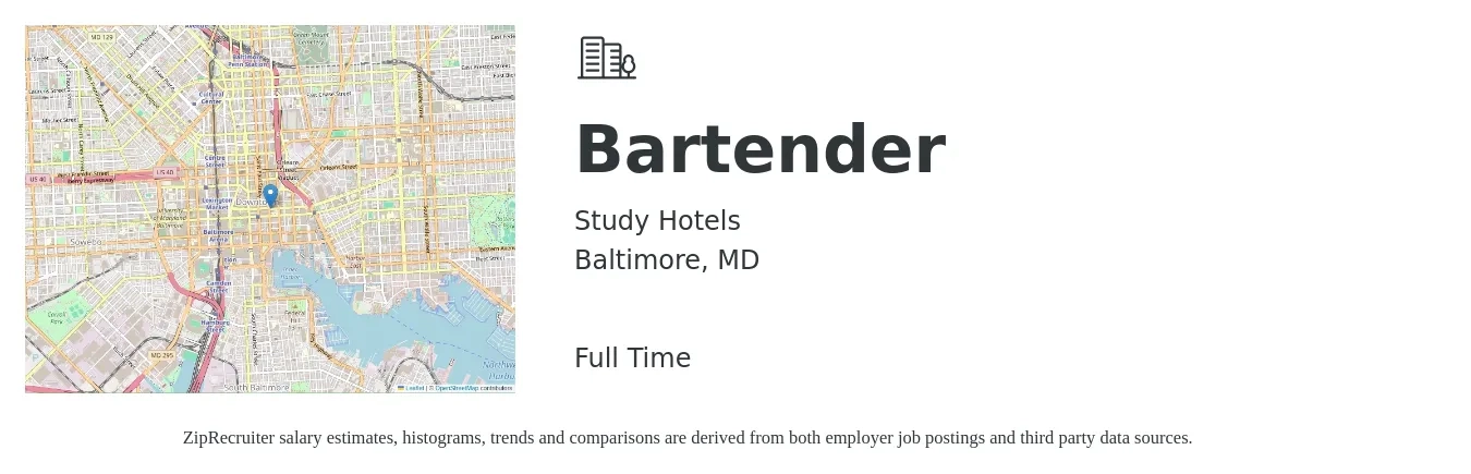 Study Hotels job posting for a Bartender in Baltimore, MD with a salary of $10 to $19 Hourly with a map of Baltimore location.