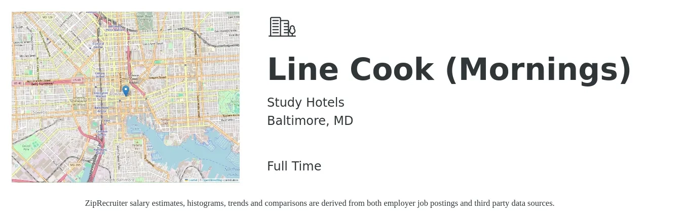 Study Hotels job posting for a Line Cook (Mornings) in Baltimore, MD with a salary of $17 Hourly with a map of Baltimore location.