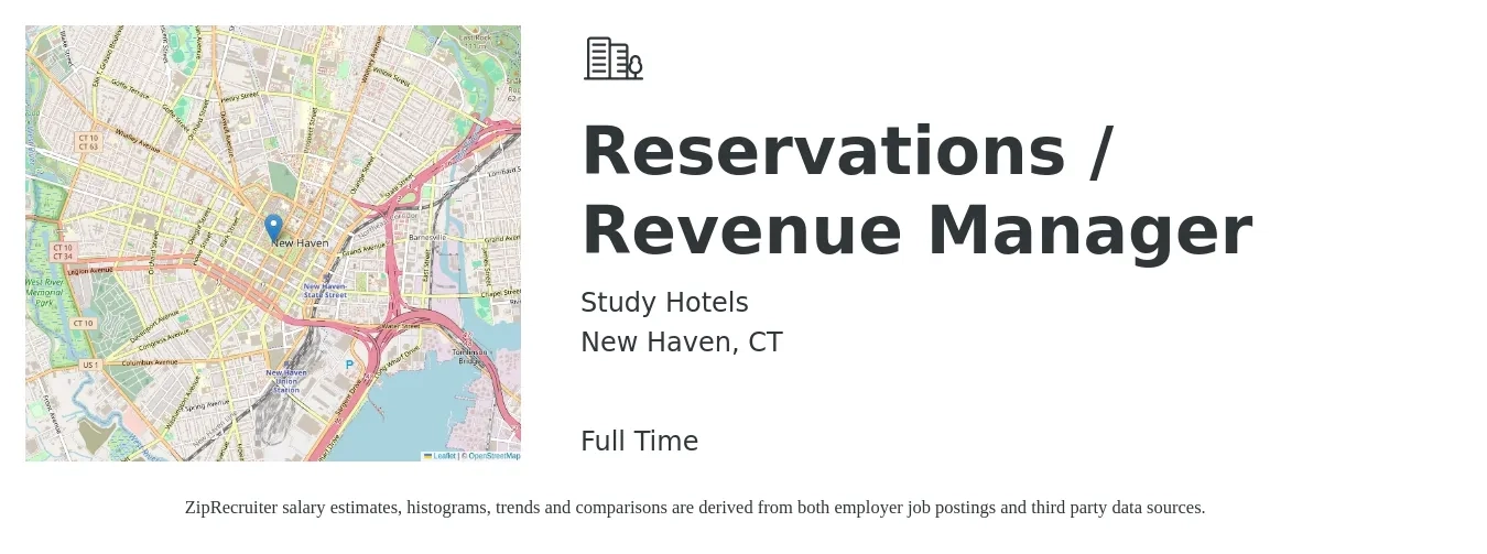 Study Hotels job posting for a Reservations / Revenue Manager in New Haven, CT with a salary of $42,700 to $70,400 Yearly with a map of New Haven location.