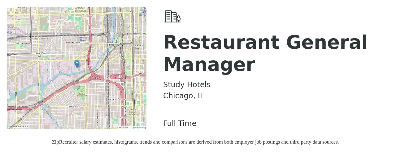 Study Hotels job posting for a Restaurant General Manager in Chicago, IL with a salary of $55,700 to $76,800 Yearly with a map of Chicago location.