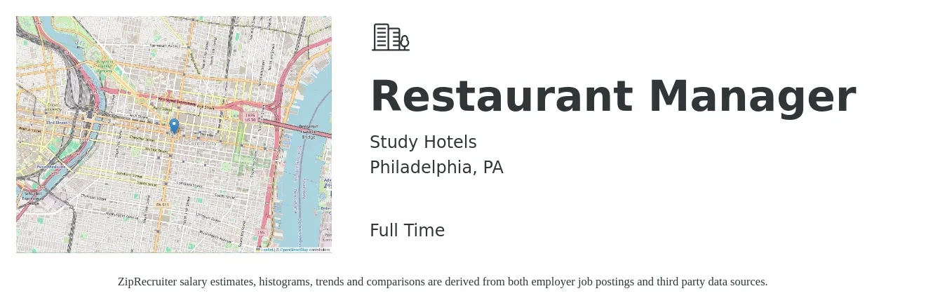 Study Hotels job posting for a Restaurant Manager in Philadelphia, PA with a salary of $45,400 to $64,100 Yearly with a map of Philadelphia location.