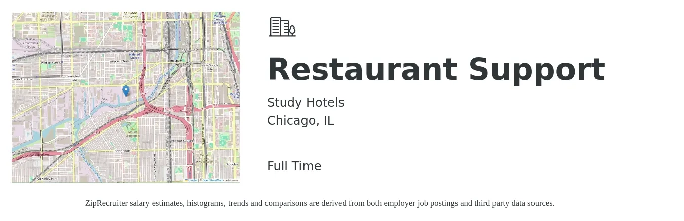 Study Hotels job posting for a Restaurant Support in Chicago, IL with a salary of $12 Hourly with a map of Chicago location.