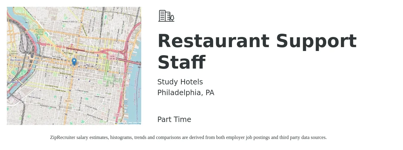 Study Hotels job posting for a Restaurant Support Staff in Philadelphia, PA with a salary of $16 to $28 Hourly with a map of Philadelphia location.