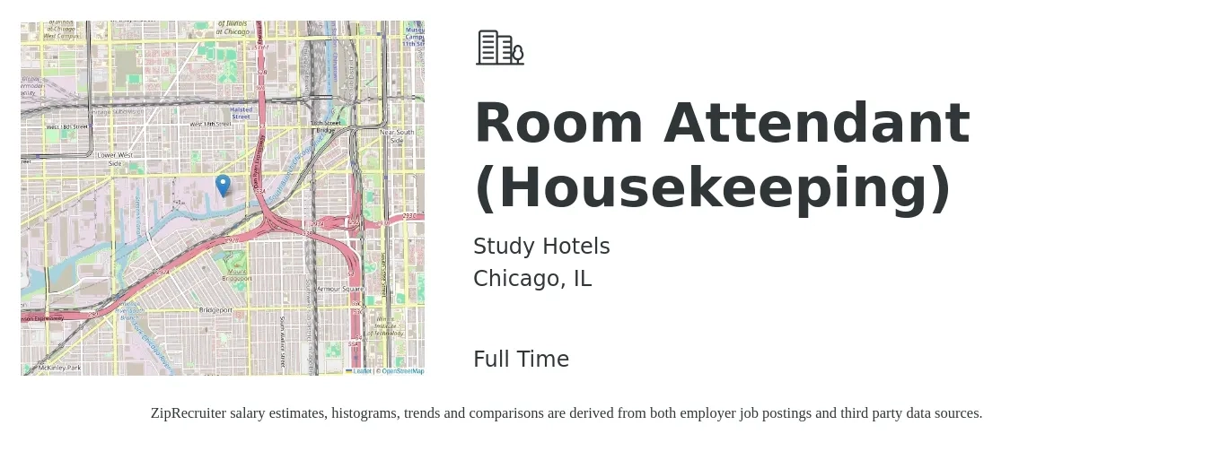 Study Hotels job posting for a Room Attendant (Housekeeping) in Chicago, IL with a salary of $22 Hourly with a map of Chicago location.