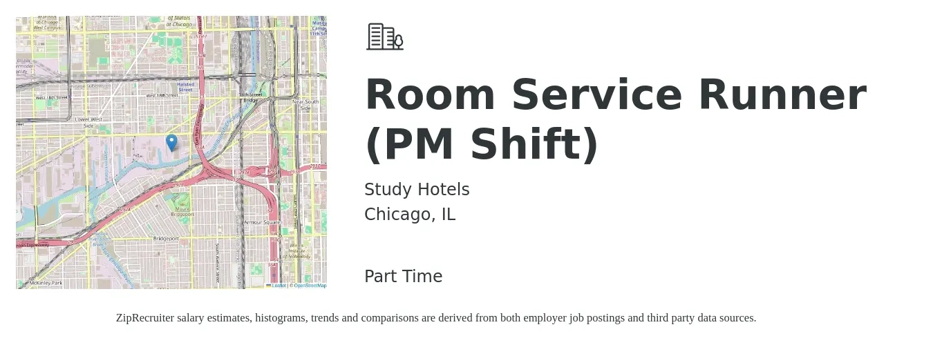 Study Hotels job posting for a Room Service Runner (PM Shift) in Chicago, IL with a salary of $14 to $16 Hourly with a map of Chicago location.