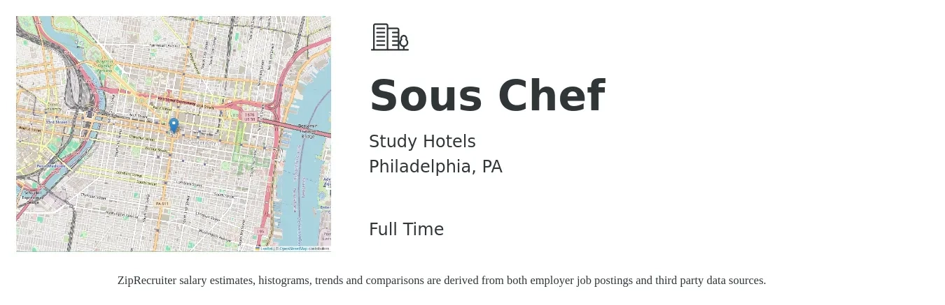 Study Hotels job posting for a Sous Chef in Philadelphia, PA with a salary of $50,500 to $68,100 Yearly with a map of Philadelphia location.