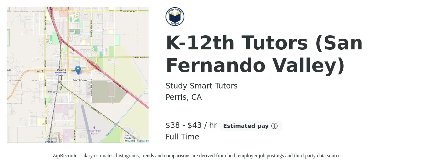 Study Smart Tutors job posting for a High School Tutors (San Fernando Valley) in Perris, CA with a salary of $40 to $45 Hourly with a map of Perris location.