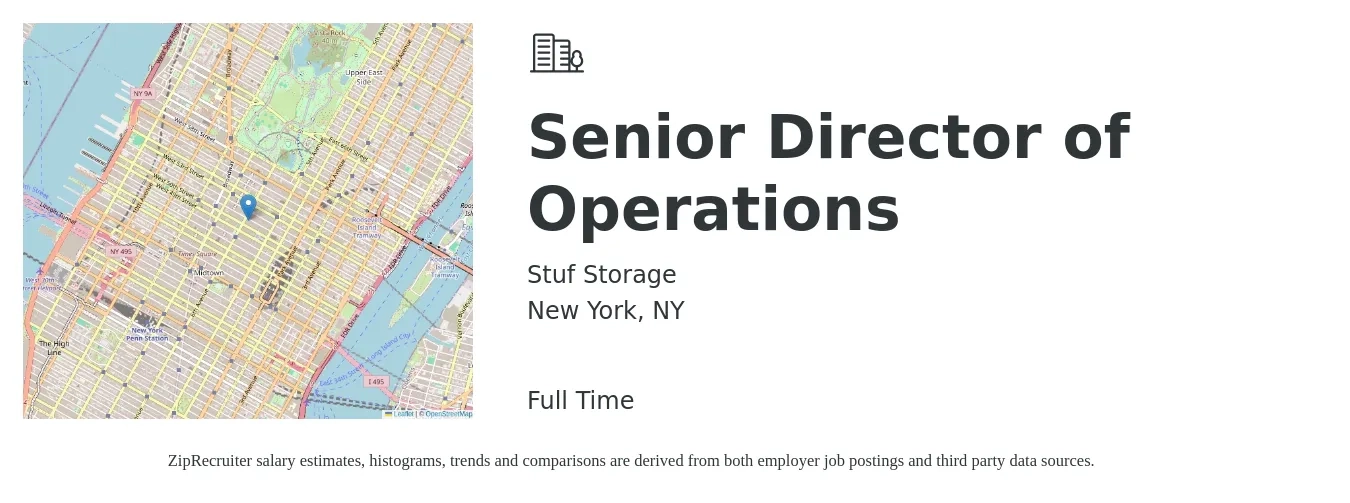 Stuf Storage job posting for a Senior Director of Operations in New York, NY with a salary of $130,000 to $170,000 Yearly with a map of New York location.