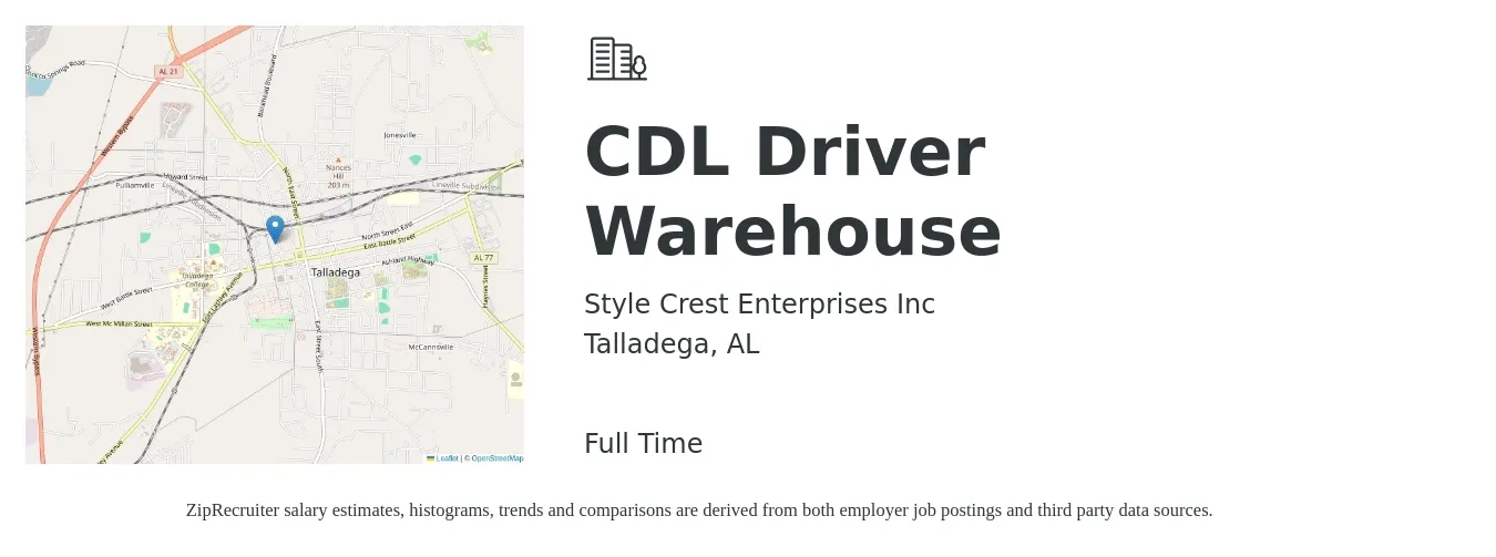 Style Crest Enterprises Inc job posting for a CDL Driver Warehouse in Talladega, AL with a salary of $23 to $40 Hourly with a map of Talladega location.
