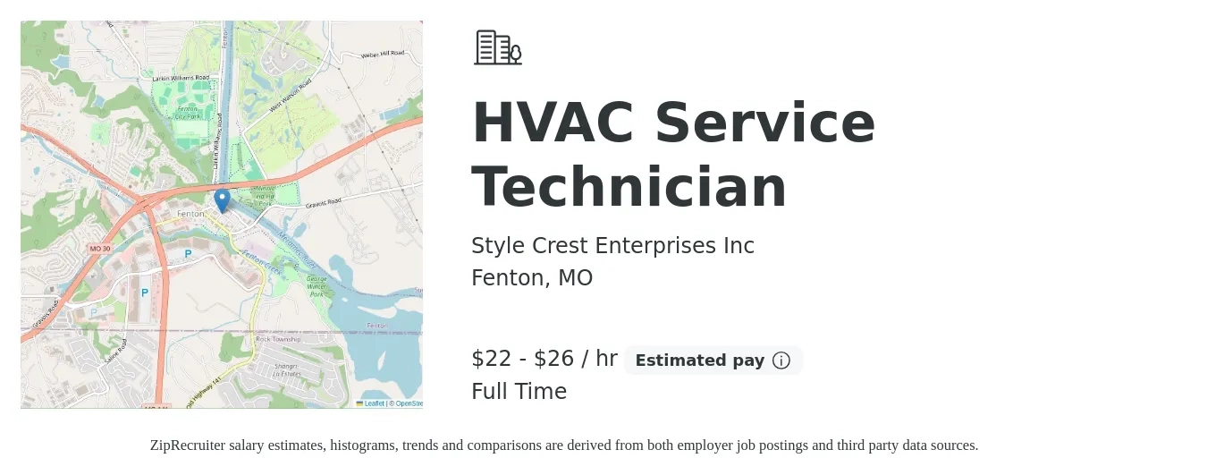 Style Crest Enterprises Inc job posting for a HVAC Service Technician in Fenton, MO with a salary of $24 to $34 Hourly with a map of Fenton location.