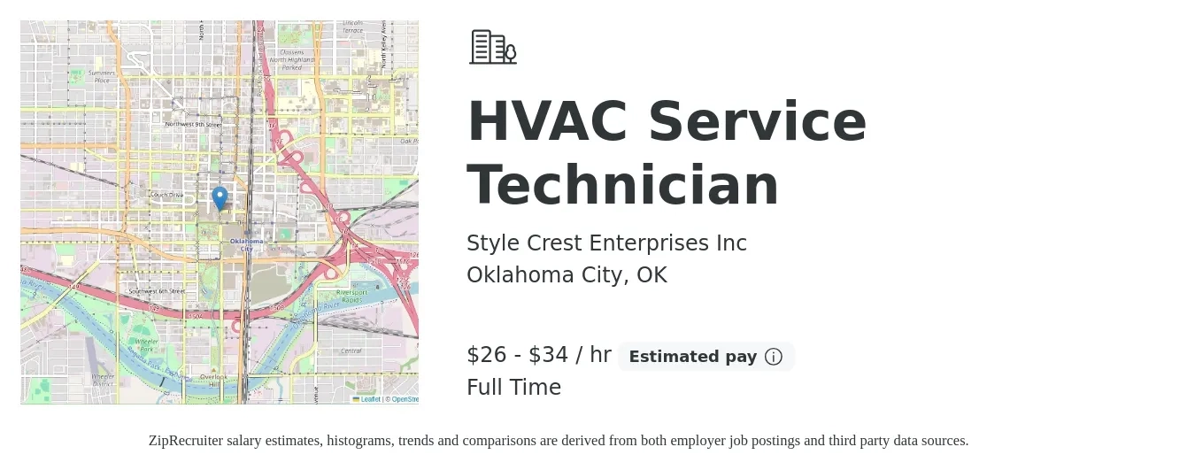 Style Crest Enterprises Inc job posting for a HVAC Service Technician in Oklahoma City, OK with a salary of $24 to $33 Hourly with a map of Oklahoma City location.