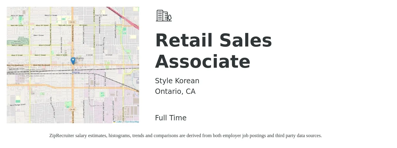 Style Korean job posting for a Retail Sales Associate in Ontario, CA with a salary of $16 to $18 Hourly with a map of Ontario location.