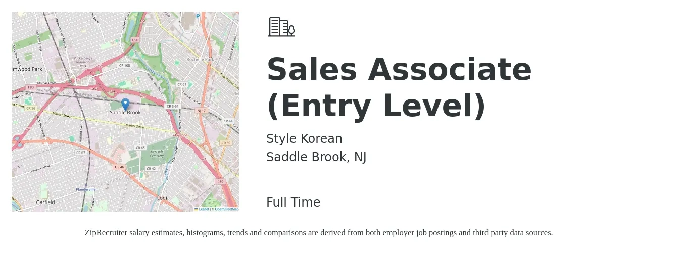 Style Korean job posting for a Sales Associate (Entry Level) in Saddle Brook, NJ with a salary of $20 Hourly with a map of Saddle Brook location.