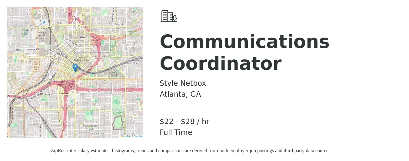 Style Netbox job posting for a Communications Coordinator in Atlanta, GA with a salary of $23 to $30 Hourly with a map of Atlanta location.
