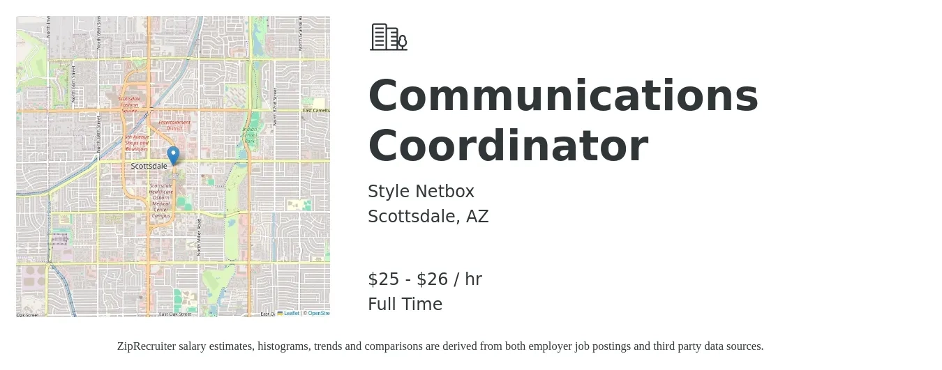 Style Netbox job posting for a Communications Coordinator in Scottsdale, AZ with a salary of $25 to $29 Hourly with a map of Scottsdale location.
