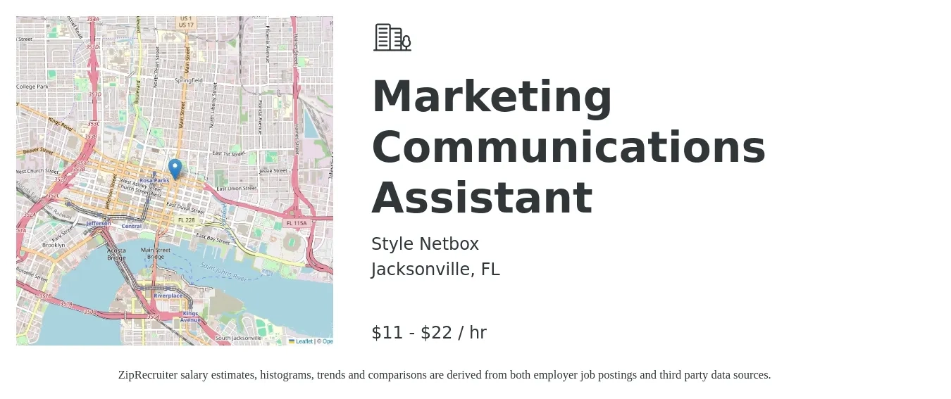 Style Netbox job posting for a Marketing Communications Assistant in Jacksonville, FL with a salary of $12 to $23 Hourly with a map of Jacksonville location.