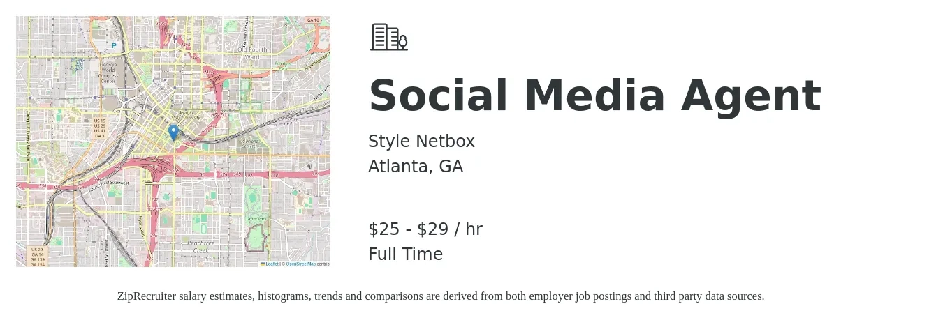 Style Netbox job posting for a Social Media Agent in Atlanta, GA with a salary of $25 to $32 Hourly with a map of Atlanta location.