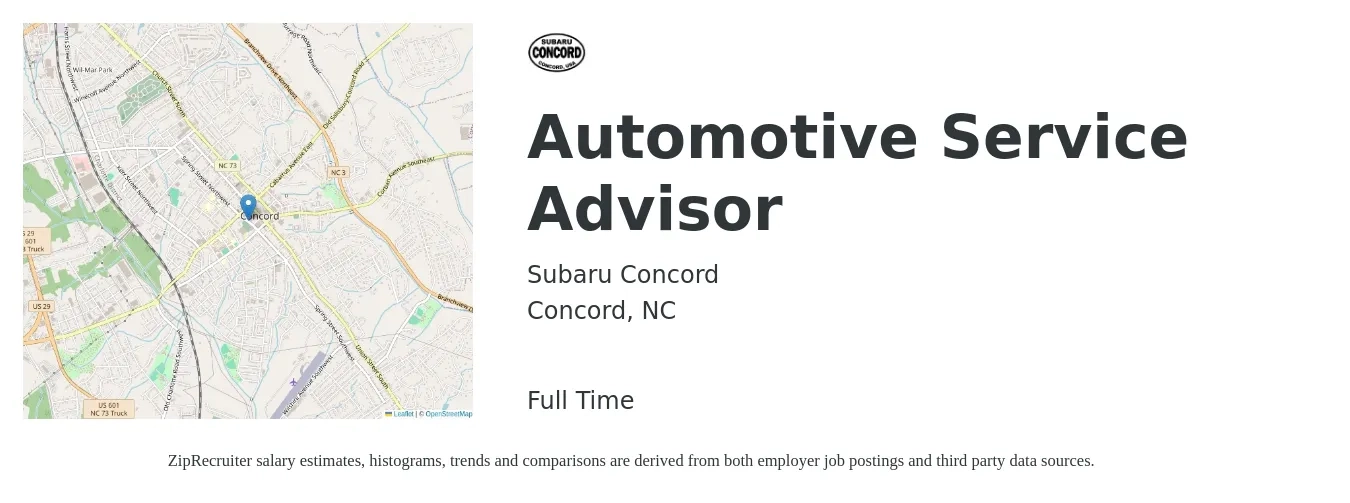 Subaru Concord job posting for a Automotive Service Advisor in Concord, NC with a salary of $18 to $29 Hourly with a map of Concord location.