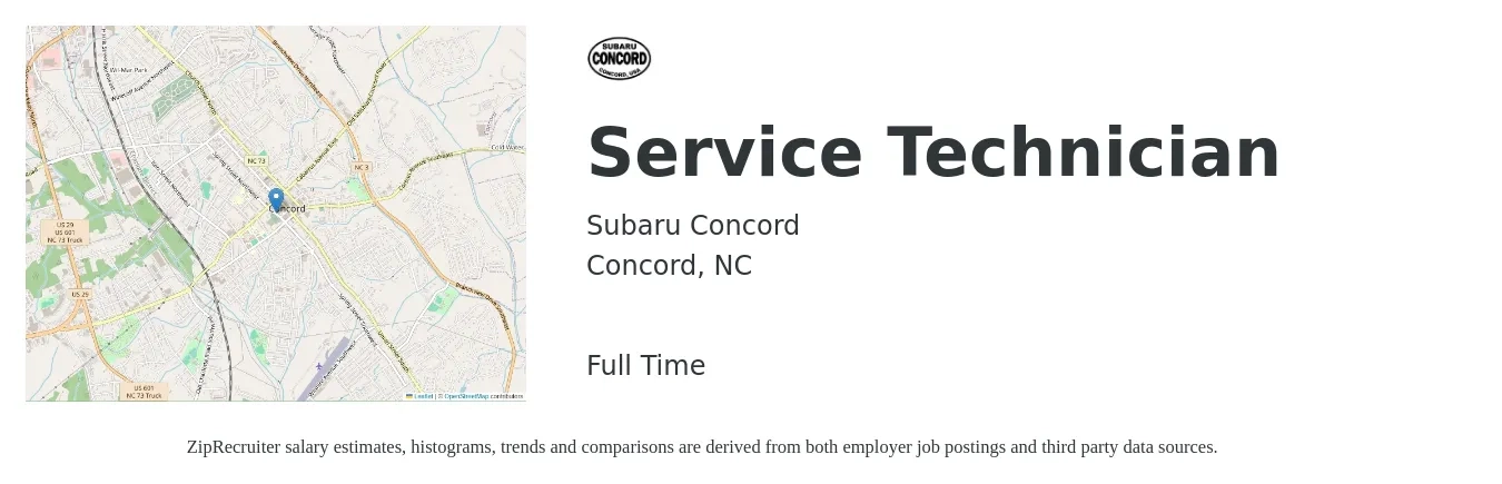 Subaru Concord job posting for a Service Technician in Concord, NC with a salary of $19 to $26 Hourly with a map of Concord location.