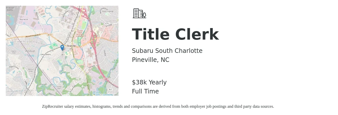 Subaru South Charlotte job posting for a Title Clerk in Pineville, NC with a salary of $38,000 Yearly with a map of Pineville location.