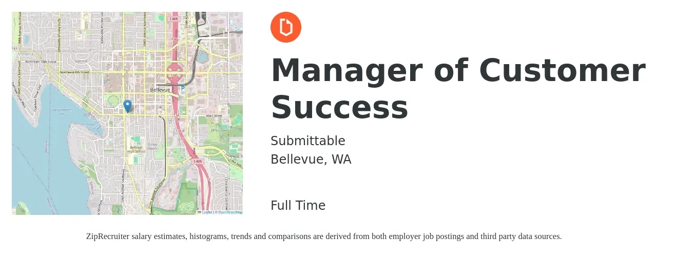 Submittable job posting for a Manager of Customer Success in Bellevue, WA with a salary of $67,200 to $111,700 Yearly with a map of Bellevue location.