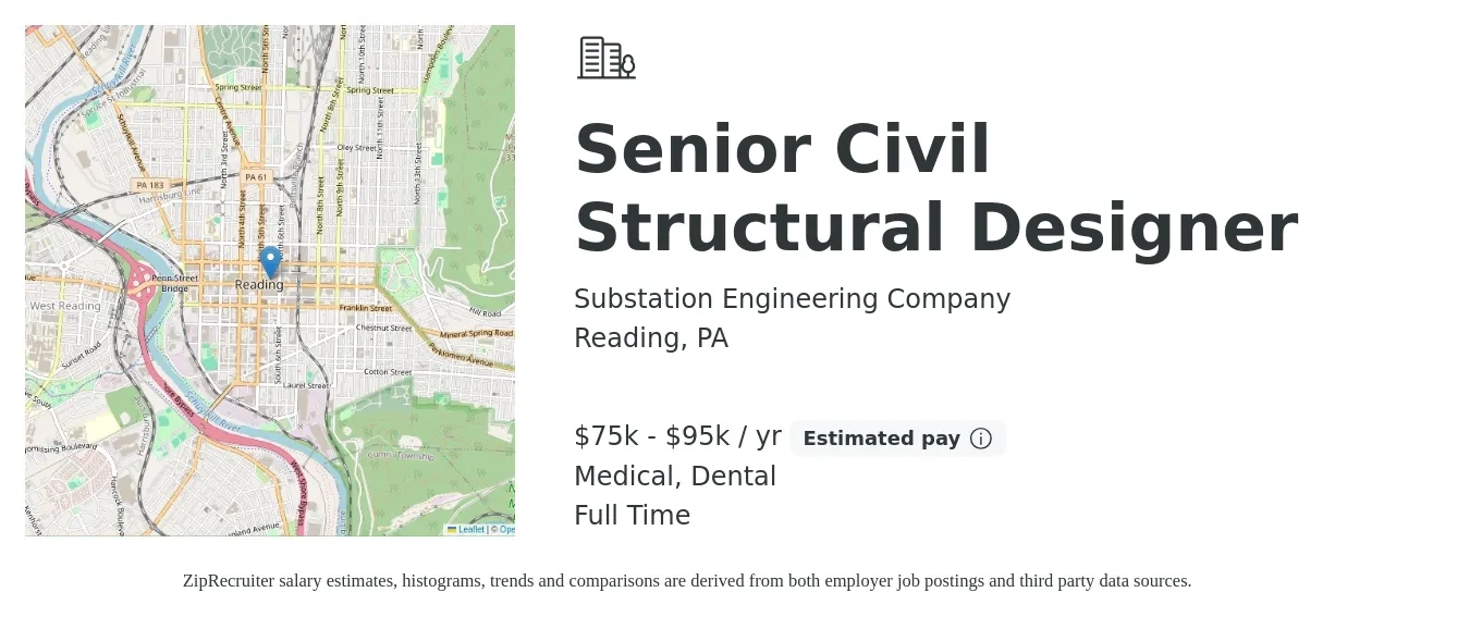 Substation Engineering Company job posting for a Senior Civil Structural Designer in Reading, PA with a salary of $75,000 to $95,000 Yearly and benefits including medical, retirement, dental, and life_insurance with a map of Reading location.