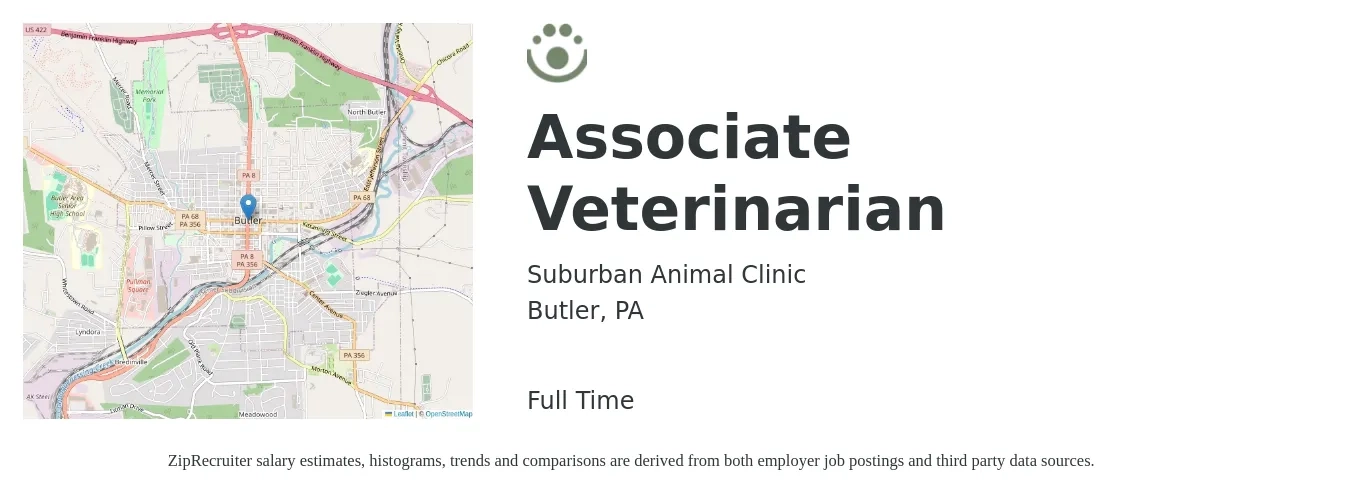 Suburban Animal Clinic job posting for a Associate Veterinarian in Butler, PA with a salary of $93,100 to $150,200 Yearly with a map of Butler location.
