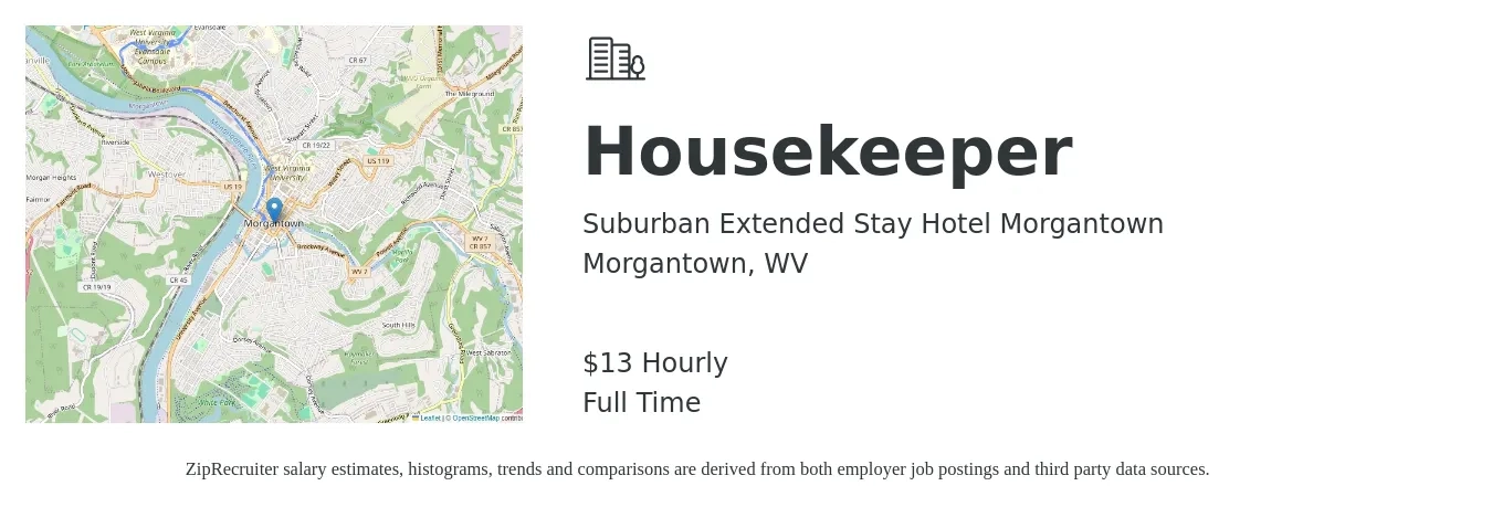 Suburban Extended Stay Hotel Morgantown job posting for a Housekeeper in Morgantown, WV with a salary of $14 Hourly with a map of Morgantown location.
