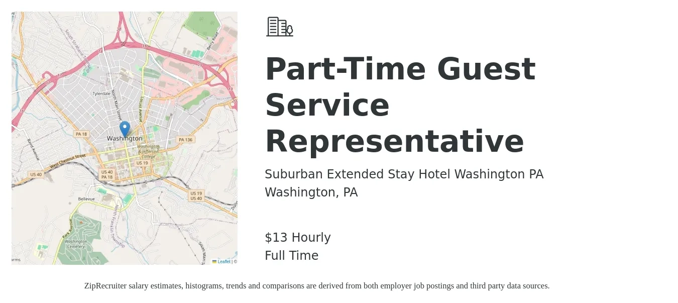 Suburban Extended Stay Hotel Washington PA job posting for a Part-Time Guest Service Representative in Washington, PA with a salary of $14 Hourly with a map of Washington location.