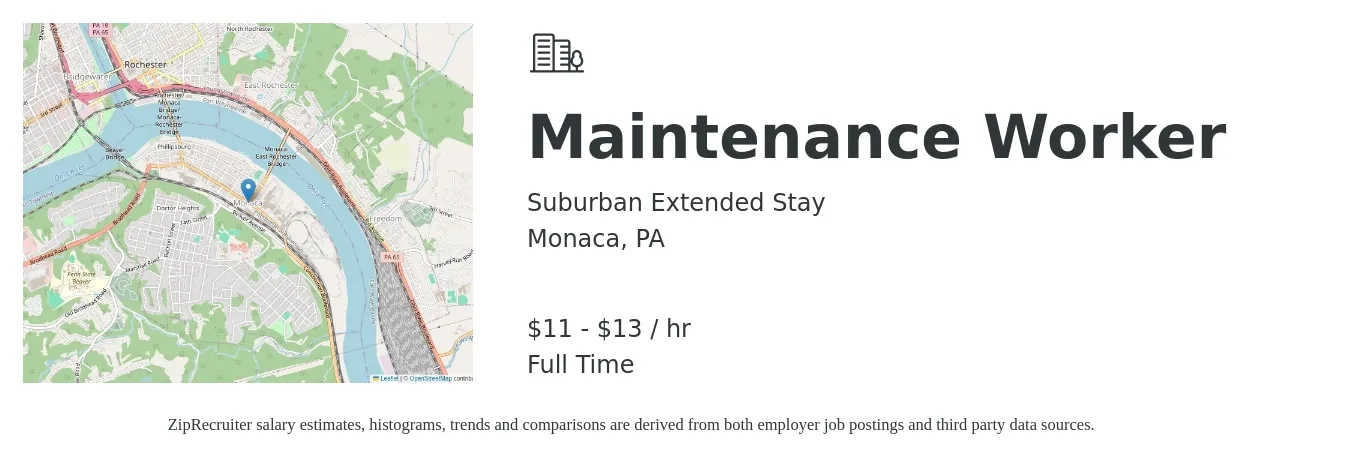 Suburban Extended Stay job posting for a Maintenance Worker in Monaca, PA with a salary of $12 to $14 Hourly with a map of Monaca location.