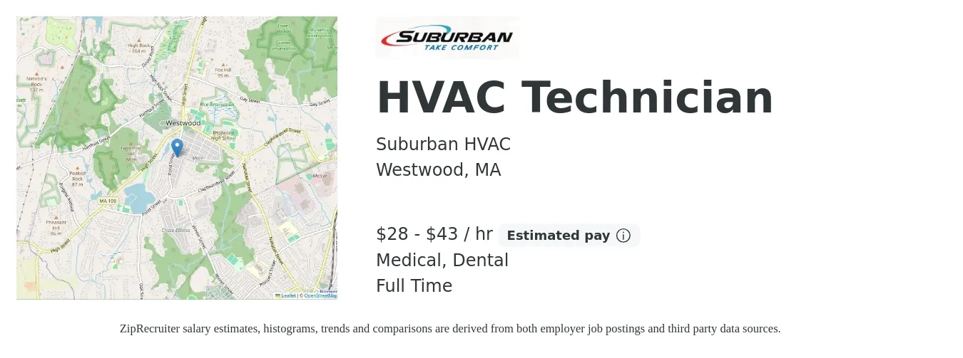 Suburban HVAC job posting for a HVAC Technician in Westwood, MA with a salary of $30 to $45 Hourly and benefits including retirement, dental, life_insurance, medical, and pto with a map of Westwood location.
