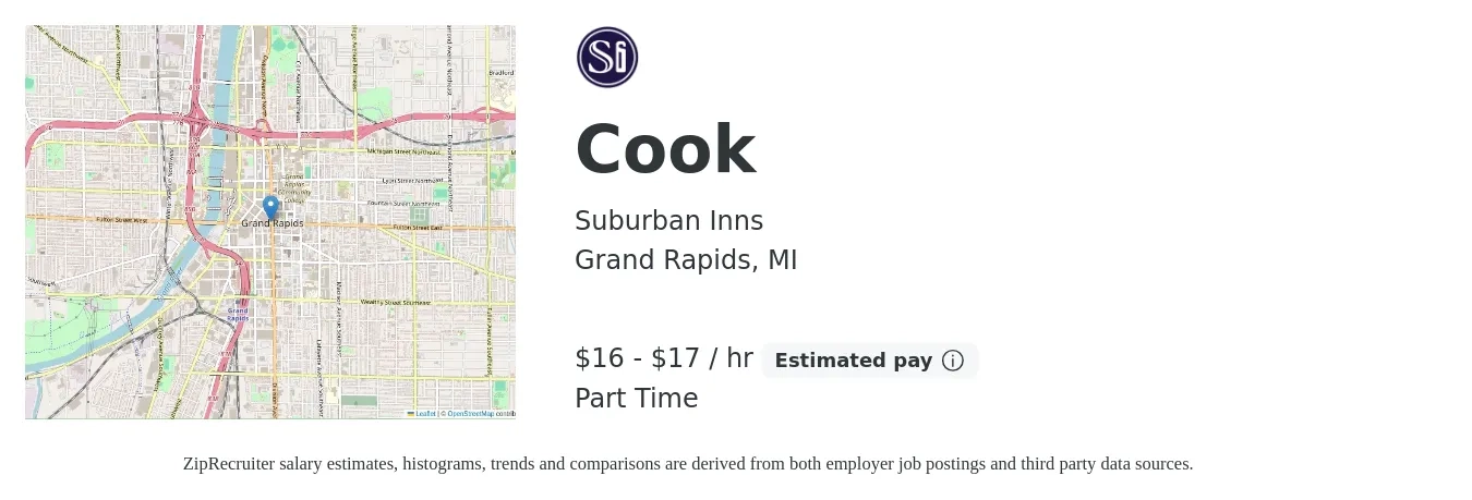 Suburban Inns job posting for a Cook in Grand Rapids, MI with a salary of $17 to $18 Hourly with a map of Grand Rapids location.
