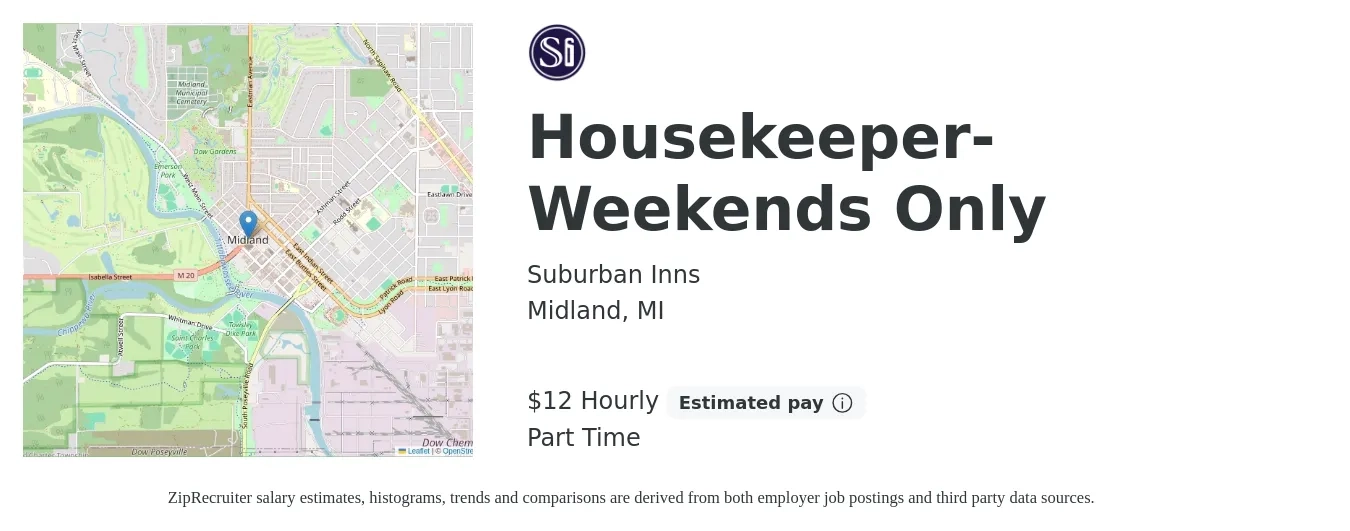 Suburban Inns job posting for a Housekeeper-Weekends Only in Midland, MI with a salary of $13 Hourly with a map of Midland location.