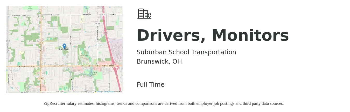 Suburban School Transportation job posting for a Drivers, Monitors in Brunswick, OH with a salary of $14 to $20 Hourly with a map of Brunswick location.