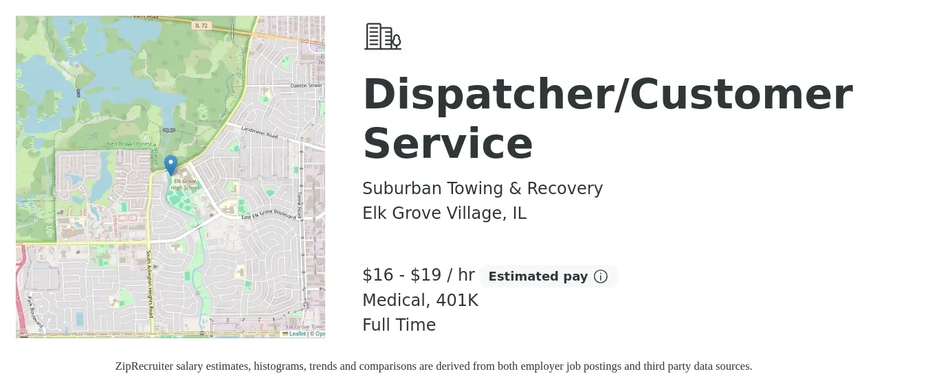 Suburban Towing & Recovery job posting for a Dispatcher/Customer Service in Elk Grove Village, IL with a salary of $17 to $20 Hourly and benefits including medical, and 401k with a map of Elk Grove Village location.