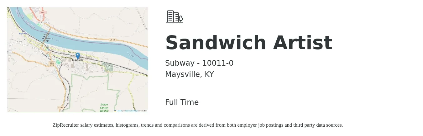 Subway - 10011-0 job posting for a Sandwich Artist in Maysville, KY with a salary of $9 to $12 Hourly with a map of Maysville location.