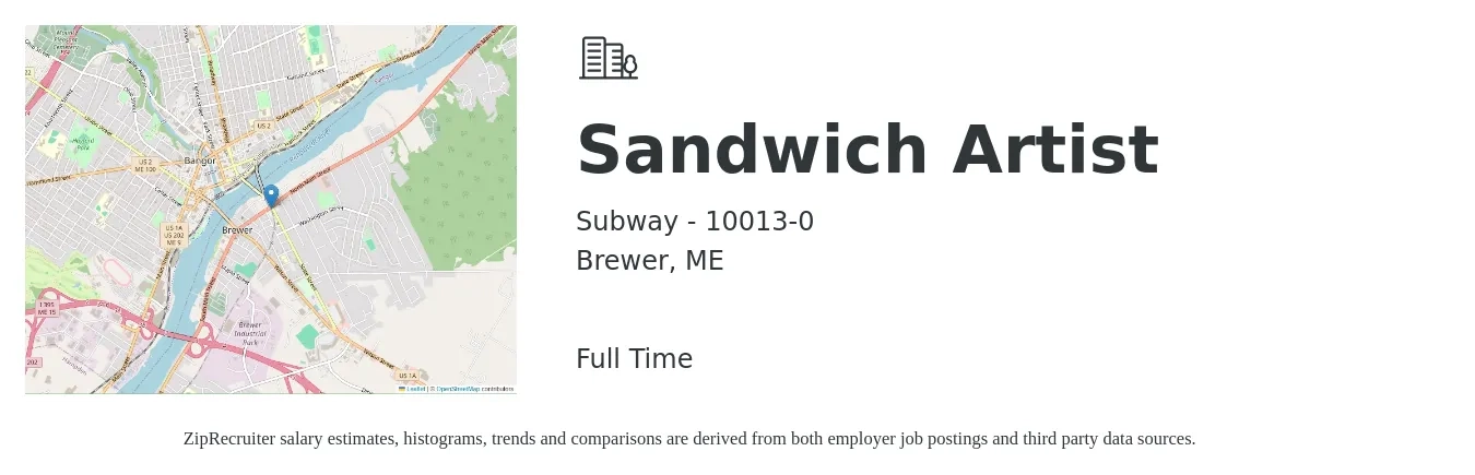 Subway - 10013-0 job posting for a Sandwich Artist in Brewer, ME with a salary of $12 to $14 Hourly with a map of Brewer location.
