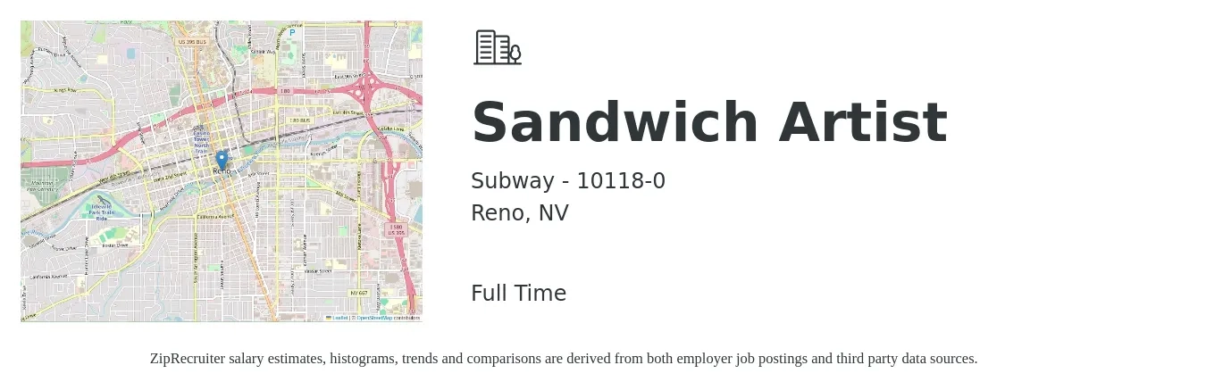 Subway - 10118-0 job posting for a Sandwich Artist in Reno, NV with a salary of $11 to $14 Hourly with a map of Reno location.