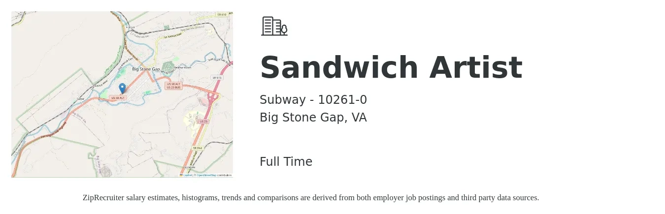 Subway - 10261-0 job posting for a Sandwich Artist in Big Stone Gap, VA with a salary of $11 to $14 Hourly with a map of Big Stone Gap location.