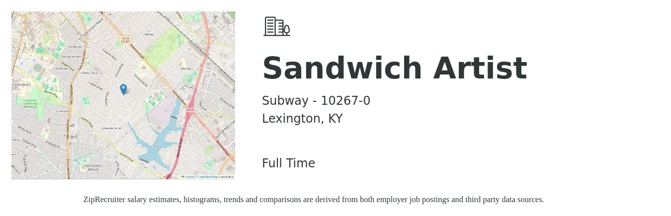 Subway - 10267-0 job posting for a Sandwich Artist in Lexington, KY with a salary of $10 to $12 Hourly with a map of Lexington location.