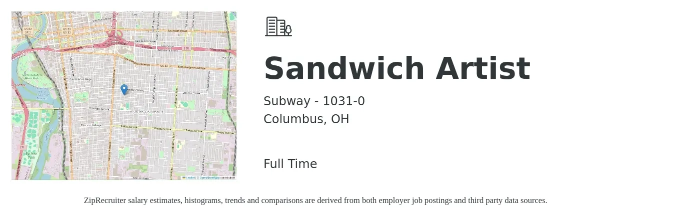 Subway - 1031-0 job posting for a Sandwich Artist in Columbus, OH with a salary of $11 to $14 Hourly with a map of Columbus location.