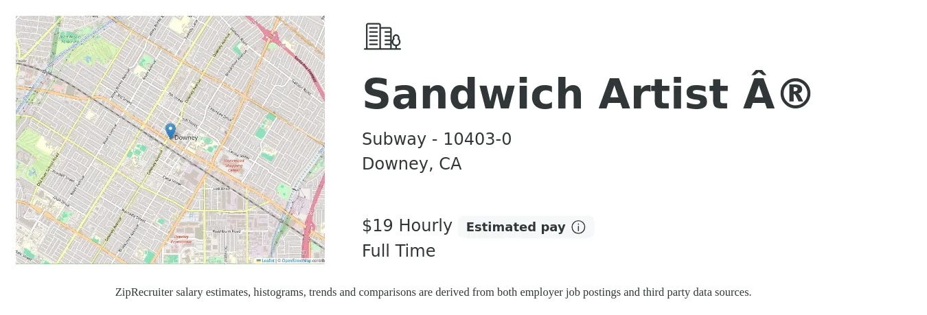 Subway - 10403-0 job posting for a Sandwich Artist ® in Downey, CA with a salary of $20 Hourly with a map of Downey location.