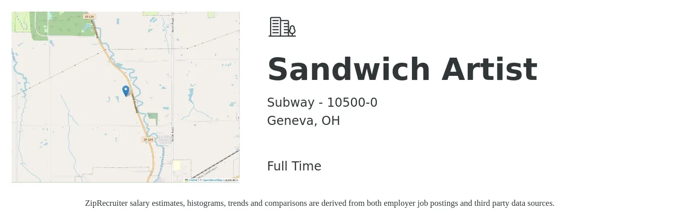 Subway - 10500-0 job posting for a Sandwich Artist in Geneva, OH with a salary of $10 to $12 Hourly with a map of Geneva location.